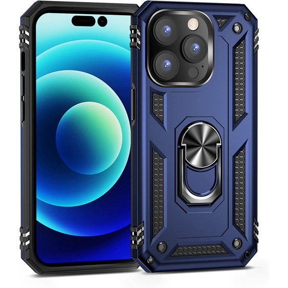 iPhone 14 Pro Phone Case, Extreme Protection Military Armor Dual Layer Protective Ring Kickstand Blue
