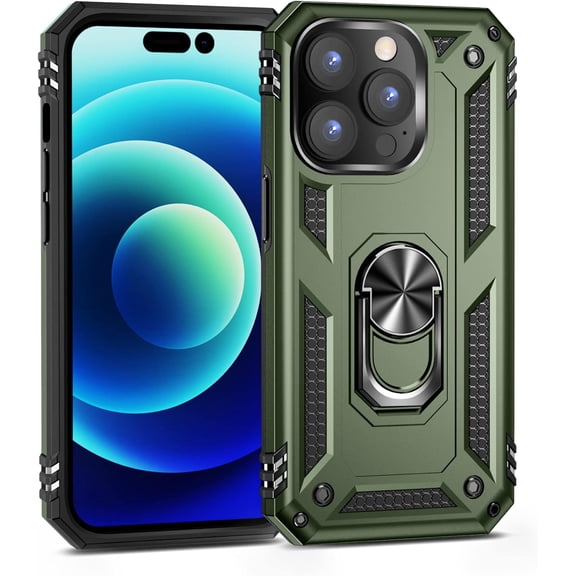 iPhone 14 Pro Phone Case, Extreme Protection Military Armor Dual Layer Protective Ring Kickstand Olive Green