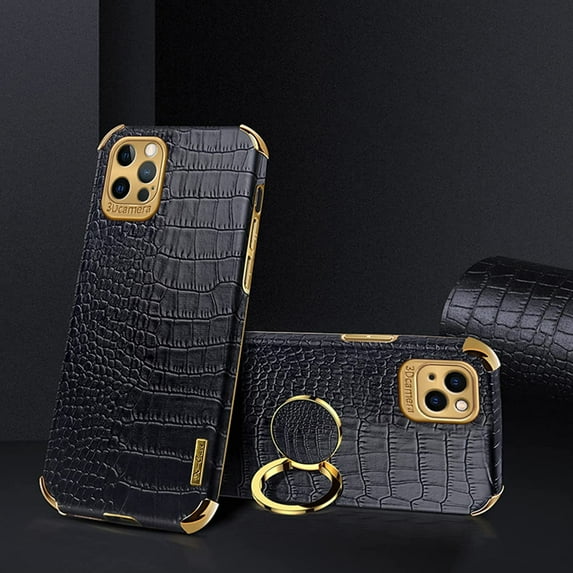 for iPhone 14 Pro Ring Holder Case Luxury Crocodile Snakeskin Pattern Gold Edge 360 Degree Rotation Kickstand for Women Men Slim Leather Protective Phone Case for iPhone 14 Pro, Black