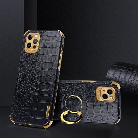for iPhone 14 Pro Ring Holder Case Luxury Crocodile Snakeskin Pattern Gold Edge 360 Degree Rotation Kickstand for Women Men Slim Leather Protective Phone Case for iPhone 14 Pro, Black