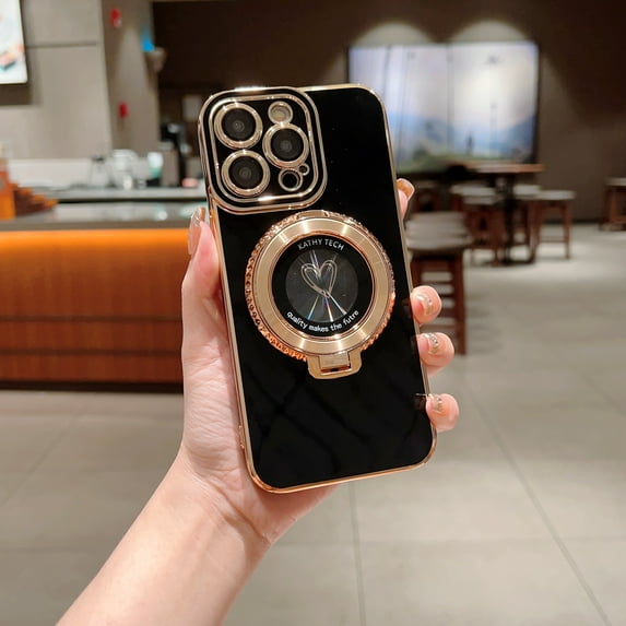 for iPhone 14 Pro Ring Stand Case with Camera Lens Protector, Electroplated Edge Cute Heart Love Pattern Rugged Bracket Shockproof Protective Phone Cover for iPhone 14 Pro, Black