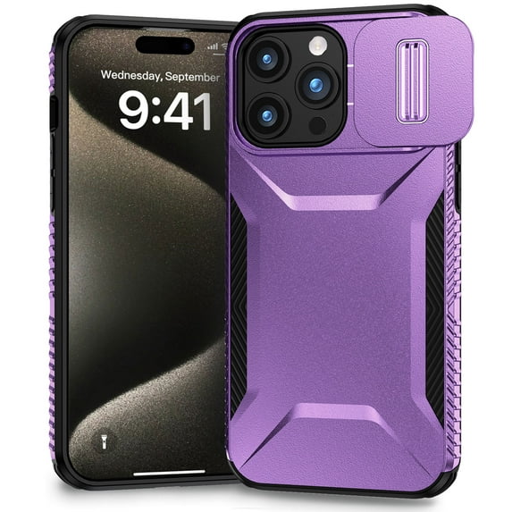 for iPhone 14 Pro Rugged Case with Camera Lens Sliding Cover, Heavy Duty PC Protective Shockproof Cover with Slide Camera Cover Upgraded Drop Resistant Case for iPhone 14 Pro, Purple