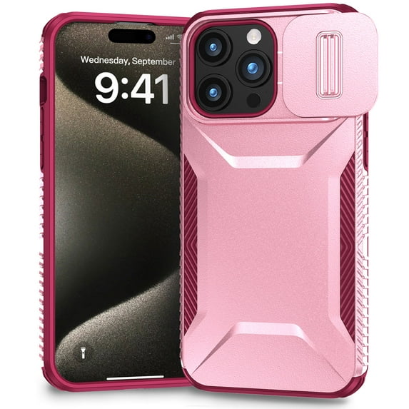 for iPhone 14 Pro Rugged Case with Camera Lens Sliding Cover, Heavy Duty PC Protective Shockproof Cover with Slide Camera Cover Upgraded Drop Resistant Case for iPhone 14 Pro, Rosegold