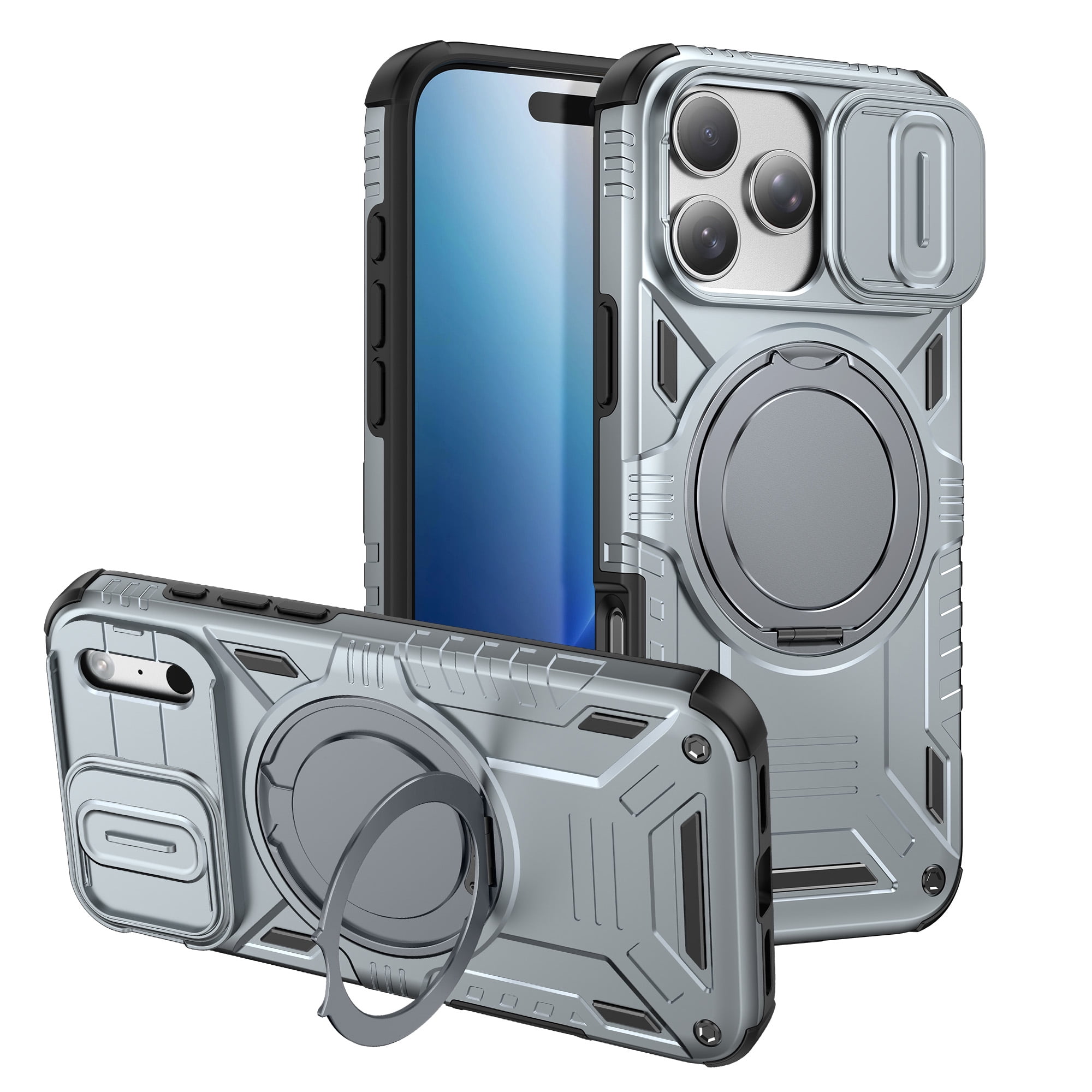 For iPhone 14 Pro Rugged Case with Camera Slide Cover Ring Kickstand ...