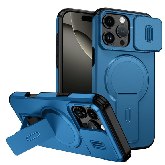 For iPhone 14 Pro Rugged Phone Case,With Invisible Kickstand,Compatible with Mag-Safe,With Camera Lens Cover,Shockproof Anti-Scratch Drop Protection Durable Heavy Duty Phone Case,Blue