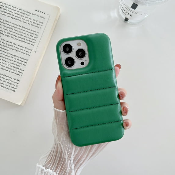 for iPhone 14 Pro Slim Case, Stylish Solid Color PU Leather Puffer 3D Down Jacket Case for Women Men, Lightweight Shockproof Anti-Scratch Non-Slip Rugged Case for iPhone 14 Pro, Darkgreen
