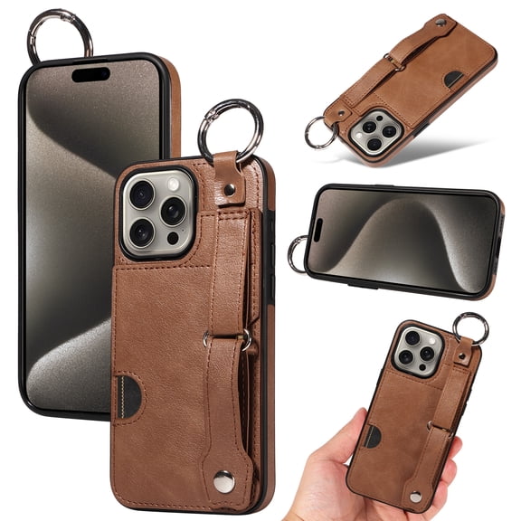 for iPhone 14 Pro Wallet Case with Card Holder, Hand Wrist Strap Loop Holder Kickstand, Finger Grip Ring PU Leather Double Buttons Shockproof Soft TPU Cover for iPhone 14 Pro, Brown