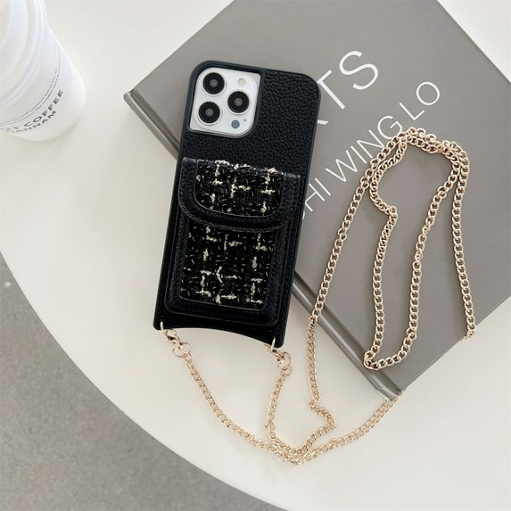 for iPhone 14 Pro Wallet Case with Card Holder, Solid Color Metal Chain PU Leather Back, Crossbody Strap Wallet Phone Case for Women Girls, Fit for iPhone 14 Pro 6.1 inch - Black