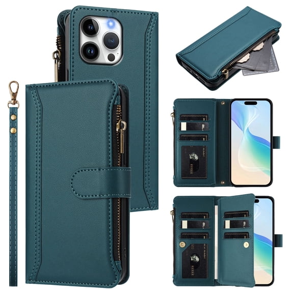 For iPhone 14 Pro Wallet Case with Card Holder & Zipper Pocket – PU Leather Magnetic Flip Folio Cover, 9 Card Slots, Kickstand & Wrist Strap | Retro Purse Style Handbag Phone Case,Dark Green