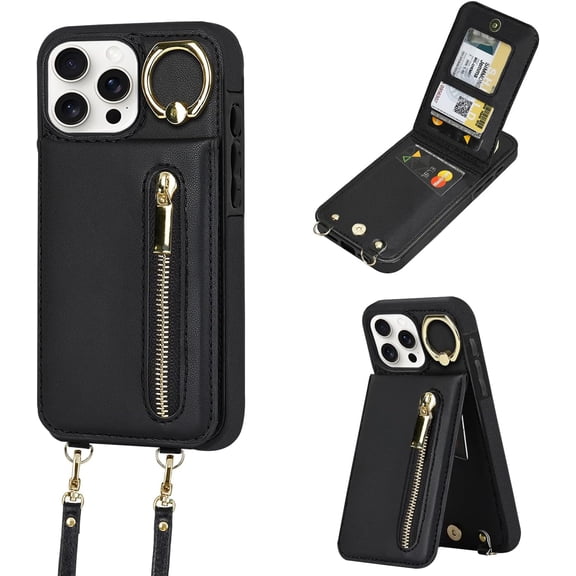 for iPhone 14 Pro Wallet Case with Card Holders for Women, Crossbody Zipper Leather Case with Strap Wrist Ring RFID Protective Kickstand (Black, iPhone 14 Pro)