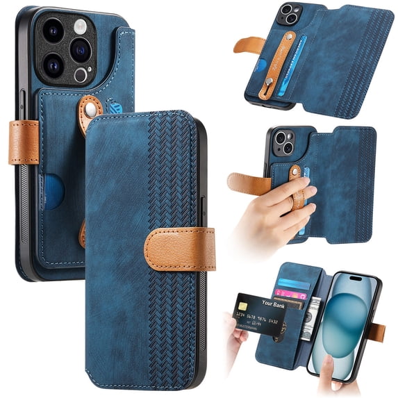 for iPhone 14 Pro Wallet Case with Card Slots & Cash Slot【RFID Blocking】, With Wrist Kickstand,Flip Folio Book PU Leather Shockproof Anti-fall Rugged Phone case Cover For Women Men,Blue