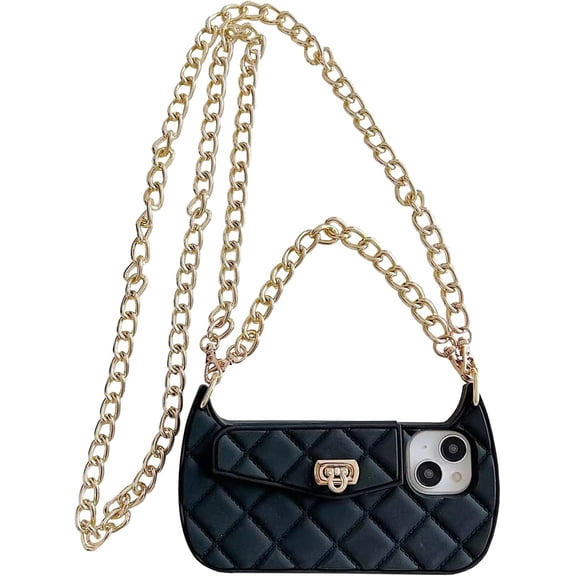 for iPhone 14 Pro Wallet Case ,Crossbody Phone Case with Metal Lanyard Strap Cute Purse Case Flip Credit Card Holder Soft Silicone Girls Lady Handbag Case for iPhone 14 Pro Black