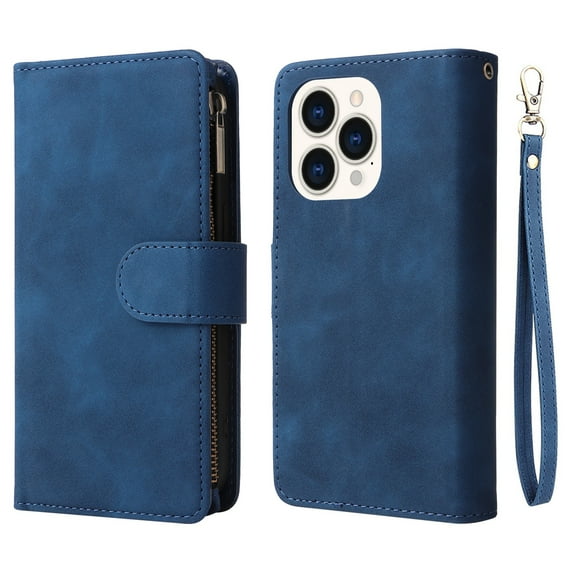 iPhone 14 Pro Wallet Case, Dteck Soft Leather Zipper Wallet Case Magnetic Buckle Flip Cover with 5 Card Slots/Photo Pocks/Lanyard Strap for Apple iPhone 14 Pro 6.1 inch 2022, Blue