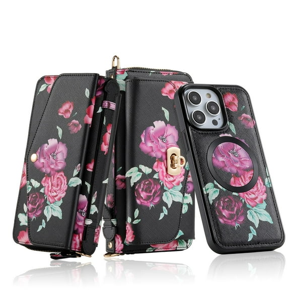 for iPhone 14 Pro Wallet Case - Magnetic Detachable Back Case with RFID Blocking Card Holder, Hand Strap & Crossbody Strap, Floral Flower PU Leather Flip Cover Case for Women Girls, Black