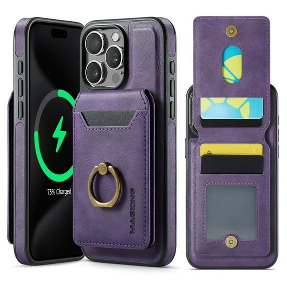 for iPhone 14 Pro Wallet Case with Magnetic Detachable Card Holder,360°Rotation Ring Holder Kickstand,PU Leather Shockproof Case,RFID Blocking Magnetic Clasp Protective Case,Purple
