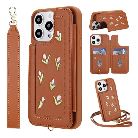 for iPhone 14 Pro Wallet Case, Magnetic Snap Flip PU Leather TPU Cover with Flower Design Credit Card Holder Stand Wristband Shoulder Strap Protective Phone Case for Women Girls, Brown