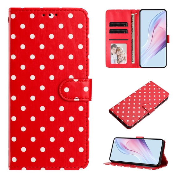 for iPhone 14 Pro Wallet Case, PU Leather + TPU Phone Cover with Wave Point Pattern, 3 Card Slots & Cash Pocket Kickstand Magnetic Clasp Full Body Protection Girls Boys Phone Cover, Red