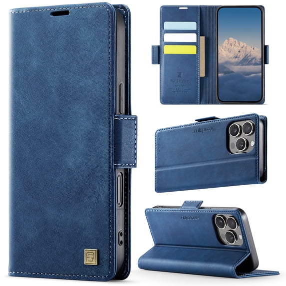for iPhone 14 Pro Wallet Case with RFID Blocking, 3 Card Slots & Cash Pocket, Kickstand PU Leather Magnetic Closure Full Body Protective Flip Cover, Classic Design for Men and Women, Blue