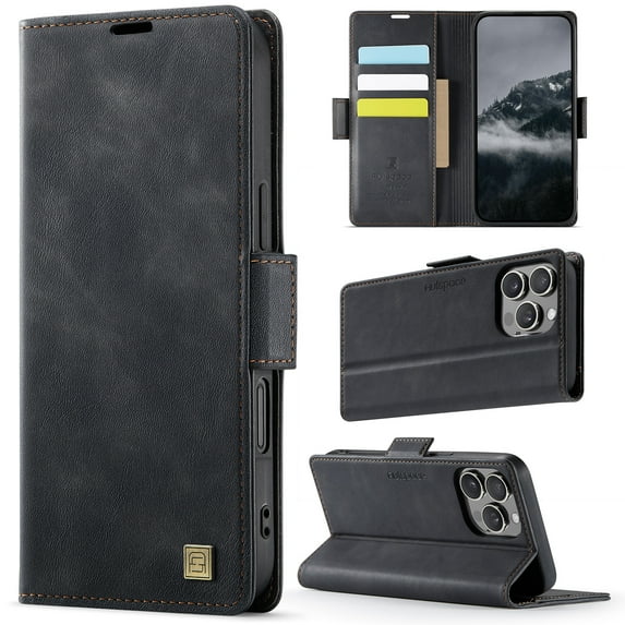for iPhone 14 Pro Wallet Case with RFID Blocking, 3 Card Slots & Cash Pocket, Kickstand PU Leather Magnetic Closure Full Body Protective Flip Cover, Classic Design for Men and Women, Black