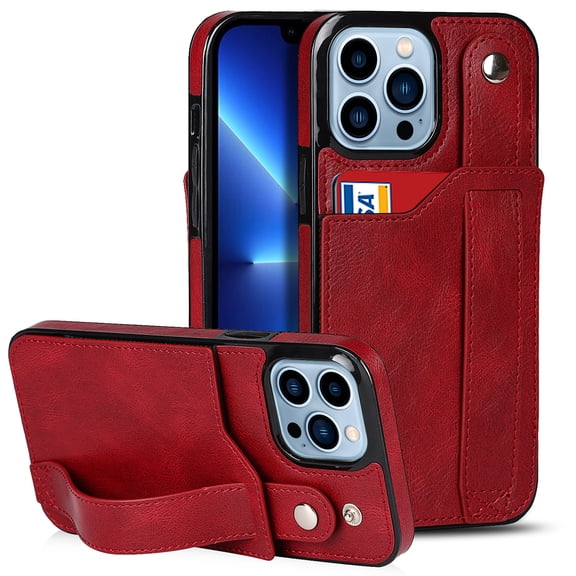 for iPhone 14 Pro Wallet Case with RFID Blocking Card Holder, Hand Wrist Strap Kickstand, Premium PU Leather Shockproof Anti-Scratch Heavy Duty Protection Back Cover Men Women, Red