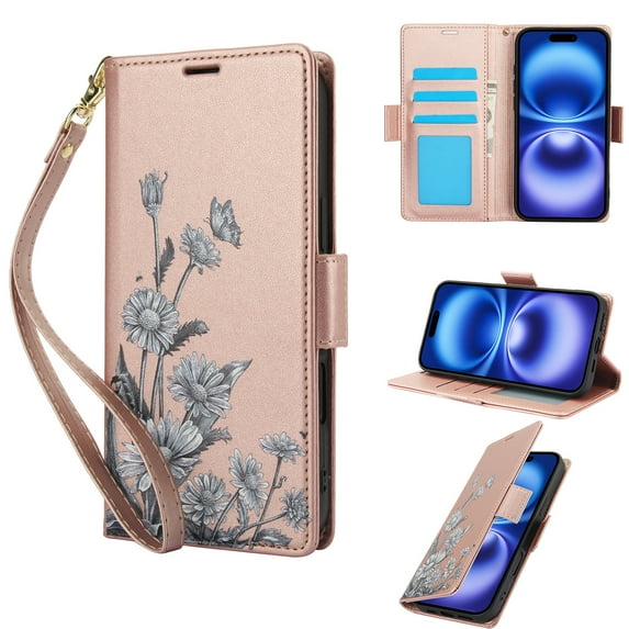 for iPhone 14 Pro Wallet Case with RFID Blocking Card Slots, Floral Pattern PU Leather Flip Cover with Kickstand Wrist Strap Full Body Protection Magnetic Closure Elegant & Functional, Rosegold