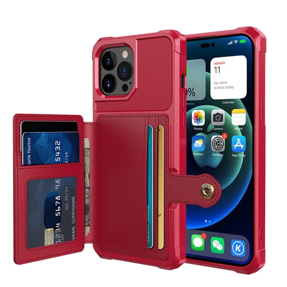 iPhone 14 Pro Wallet Case, Shockproof Rubber Card Holder Wallet PU Leather Back Phone Case Kickstand Protective Scratch Hybrid Bumper Shell for Apple iPhone 14 Pro 6.1 inch, Red