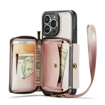 iPhone 14 Pro Wallet Case with Strap,  Magnetic Back Zipper Case with RFID Card Holder, Leather Handbag Case for Women Protective Case Compatible with iPhone 14 Pro, Rosegold