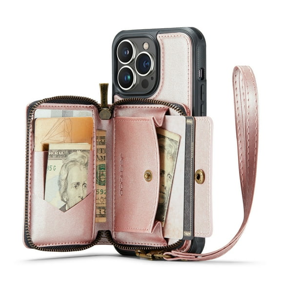 iPhone 14 Pro Wallet Case with Strap,  Magnetic Back Zipper Case with RFID Card Holder, Leather Handbag Case for Women Protective Case Compatible with iPhone 14 Pro, Rosegold