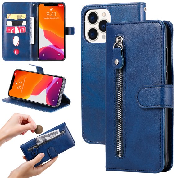 for iPhone 14 Pro Wallet Flip Case, 3 Credit Cards Slot Holder Case with Zipper Pocket, PU Leather Wallet Kickstand Soft TPU Inner Case Cover for iPhone 14 Pro 6.1 inch, Blue