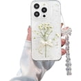 thumbnail image 1 of for iPhone 14 Pro [White Flower Bow Case][Full Star Real Flower Gold Foil Transparent Case][Press Dry Real Flower with Bracelet Case] Soft TPU for Women and Girls 6.1", 1 of 14