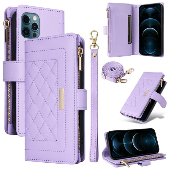 for iPhone 14 Pro Zipper Pocket Wallet Magnetic Closure Cover Crossbody + Wrist Strap [ 7 Cards Slot] Flip Kickstand RFID Blocking Shoulder Strap PU Leather Purse Shockproof Case,Purple