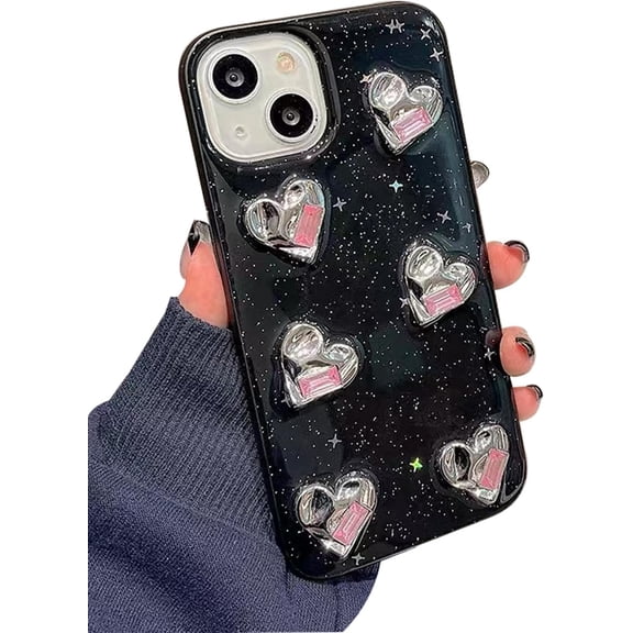 for iPhone 14 Pro case, [Premium 3D Radiant Love Heart] [Luxury Glittering Diamonds] [Stylish Black Cool Case] Soft Edge TPU Shockproof and Drop Resistant, Suitable for Women and Girls 6.1"