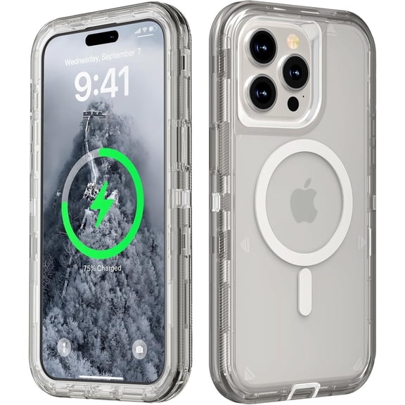 For iPhone 14 Pro & iPhone 13 Pro Transparent Phone Case Compatible with MagSafe, Triple Layer Magnetic Charging Case, Heavy Duty Shockproof and Drop-Proof Phone Case， Crystal Gray