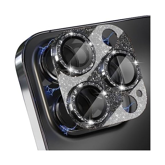 for iPhone 14 Pro/iPhone 14 Pro Max Camera Lens Protector, Bling Camera Cover with 9H Tempered Glass Lens Screen Protector Metal Ring Decoration Accessories (Glitter-Black)