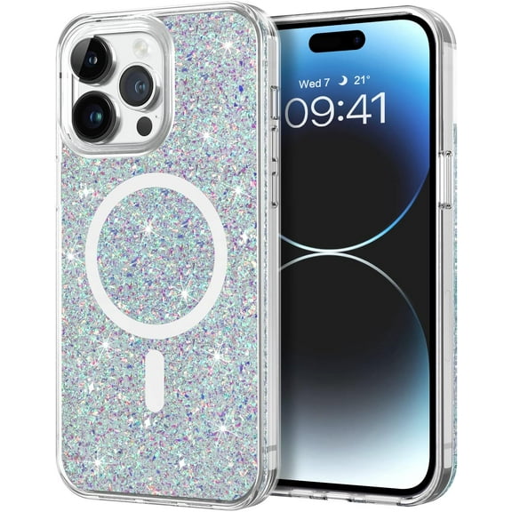iPhone 14 Pro max Case [Compatible with MagSafe], iPhone 14 Pro max 6.7 Inch Clear Glitter Magnetic Case Slim Bling Sparkly Women Girls Girly Soft Cute Shockproof Protective Phone Cover, White