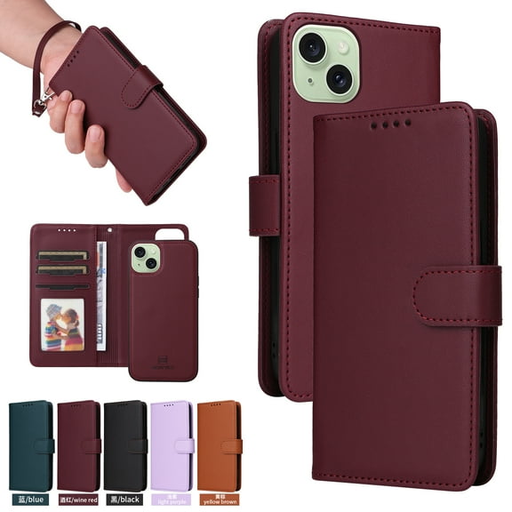 for iPhone 14 Removable Wallet Case, Premium PU Leather Flip Cover with [RFID Blocking][ Detachable Card Holder][Stand Function][Wrist Strap] Shockproof Protectove Phone Cover,Winered