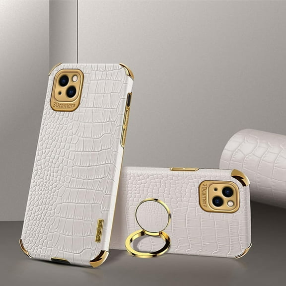 for iPhone 14 Ring Holder Case Luxury Crocodile Snakeskin Pattern Gold Edge 360 Degree Rotation Kickstand for Women Men Slim Leather Protective Phone Case for iPhone 14, Milky White