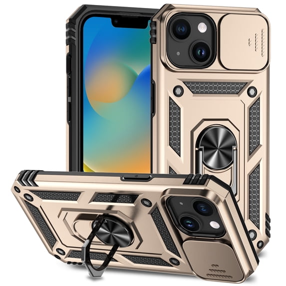for iPhone 14 Rugged Phone Case with Sliding Camera Cover, Kickstand TPU Bumper Drop Proof Durable Military Grade Protective Case Cover for iPhone 14, Gold