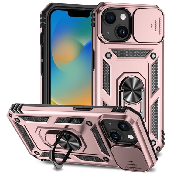 for iPhone 14 Rugged Phone Case with Sliding Camera Cover, Kickstand TPU Bumper Drop Proof Durable Military Grade Protective Case Cover for iPhone 14, Rosegold