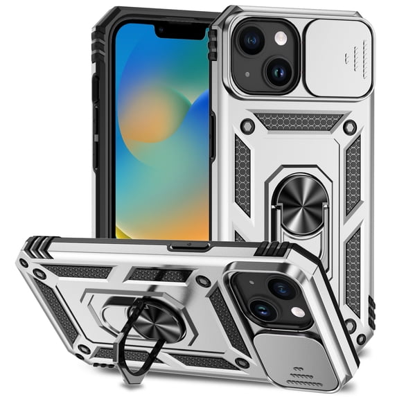 for iPhone 14 Rugged Phone Case with Sliding Camera Cover, Kickstand TPU Bumper Drop Proof Durable Military Grade Protective Case Cover for iPhone 14, Silver
