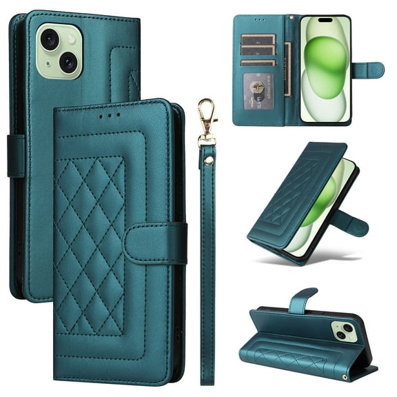 for iPhone 14 Thin Fit Case Cover, Premium PU Leather Magnetic Wallet Flip Case with Stand Bracket Holder Flip Cover with Card Slots and Wrist Strap for iPhone 14 - Darkgreen