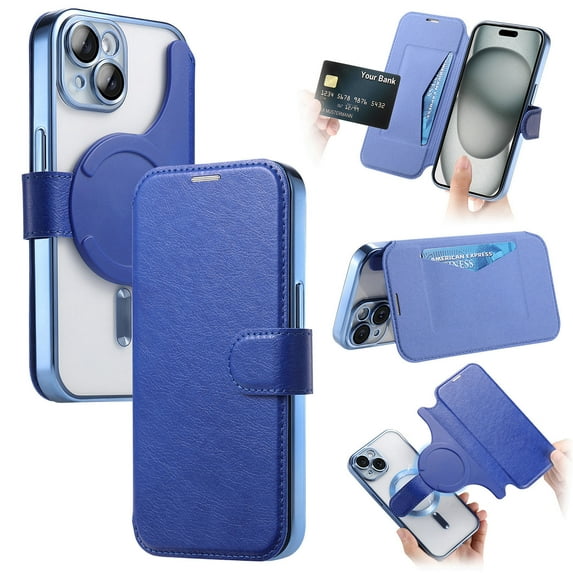 for iPhone 14 Wallet Case with Camera Lens Protector Film, Clear Magnetic Phone Cover Compatible with Mag-Safe Charging, RFID Blocking PU Leather Case with Card Holder Flip Kickstand, Blue