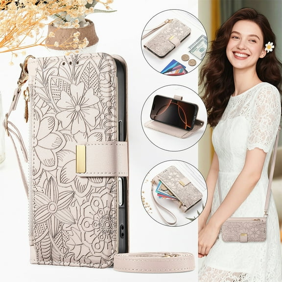 For iPhone 14 Wallet Case with Card Holder/Cash Slot,RFID Blocking Magnetic Closure Flower Pattern PU Leather Flip Kickstand Shoulder Strap & Wrist Lanyard Zipper Pocket Cover,Beige