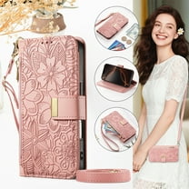 For iPhone 14 Wallet Case with Card Holder/Cash Slot,RFID Blocking Magnetic Closure Flower Pattern PU Leather Flip Kickstand Shoulder Strap & Wrist Lanyard Zipper Pocket Cover,Rosegold