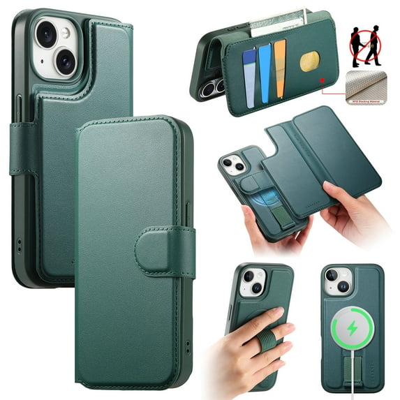 for iPhone 14 Wallet Case with Card Holder & Detachable Magnetic Case, PU Leather All-Round Protective Cover with RFID Blocking, Stand, Wristband, Support Wireless Charging, Green