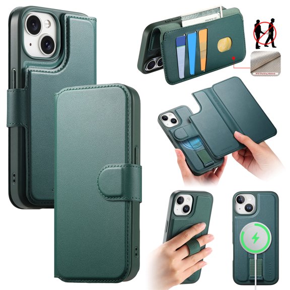 for iPhone 14 Wallet Case with Card Holder & Detachable Magnetic Case, PU Leather All-Round Protective Cover with RFID Blocking, Stand, Wristband, Support Wireless Charging, Green