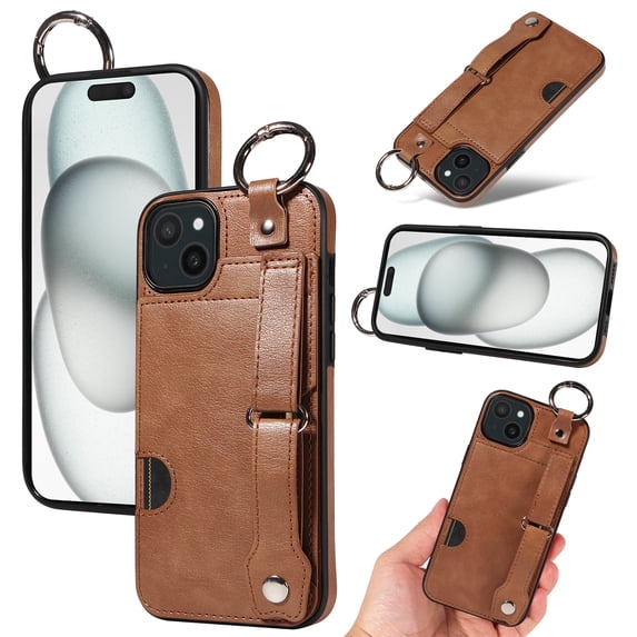 for iPhone 14 Wallet Case with Card Holder, Hand Wrist Strap Loop Holder Kickstand, Finger Grip Ring Buckle PU Leather Double Buttons Shockproof Cover for iPhone 14, Brown