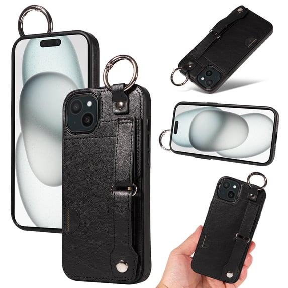 for iPhone 14 Wallet Case with Card Holder, Hand Wrist Strap Loop Holder Kickstand, Finger Grip Ring Buckle PU Leather Double Buttons Shockproof Cover for iPhone 14, Black