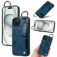 thumbnail image 1 of for iPhone 14 Wallet Case with Card Holder, Hand Wrist Strap Loop Holder Kickstand, Finger Grip Ring Buckle PU Leather Double Buttons Shockproof Cover for iPhone 14, Blue, 1 of 10