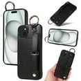 thumbnail image 1 of for iPhone 14 Wallet Case with Card Holder, Hand Wrist Strap Loop Holder Kickstand, Finger Grip Ring PU Leather Double Buttons Shockproof Soft TPU Cover for iPhone 14, Black, 1 of 10